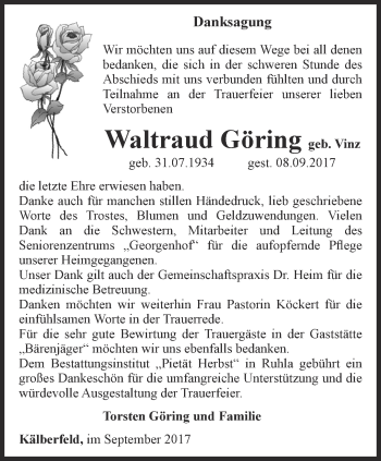 Traueranzeige von Waltraud Göring von Thüringer Allgemeine, Thüringische Landeszeitung