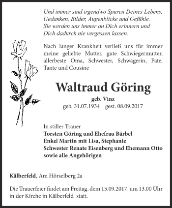 Traueranzeige von Waltraud Göring von Thüringer Allgemeine, Thüringische Landeszeitung