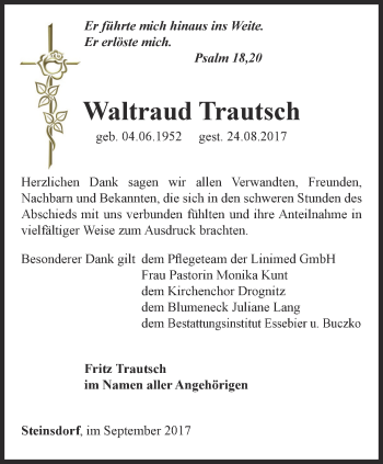 Traueranzeige von Waltraud Trautsch von Ostthüringer Zeitung