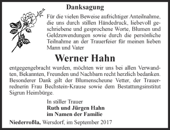 Traueranzeige von Werner Hahn von Thüringer Allgemeine, Thüringische Landeszeitung