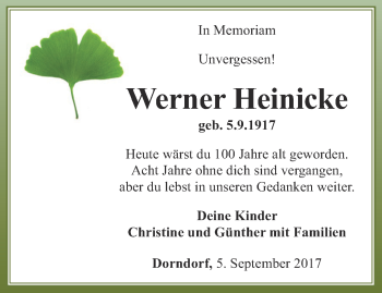 Traueranzeige von Werner Heinicke von Ostthüringer Zeitung, Thüringische Landeszeitung
