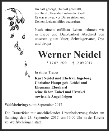 Traueranzeige von Werner Neidel von Ostthüringer Zeitung, Thüringische Landeszeitung