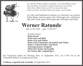 Traueranzeige von Werner Ratunde von Thüringer Allgemeine