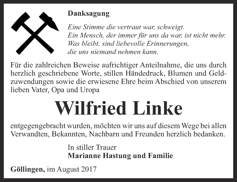 Traueranzeige für Wilfried Linke vom 09.09.2017 aus Thüringer Allgemeine
