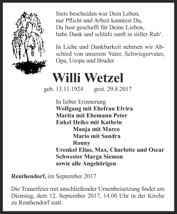 Traueranzeige von Willi Wetzel von Ostthüringer Zeitung