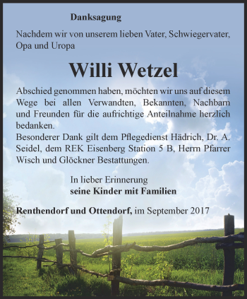 Traueranzeige von Willi Wetzel von Ostthüringer Zeitung