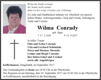 Traueranzeige von Wilma Conrady von Thüringer Allgemeine