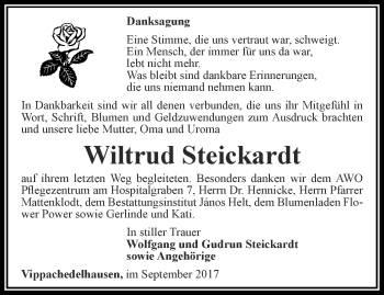 Traueranzeige von Wiltrud Steickardt von Thüringer Allgemeine, Thüringische Landeszeitung