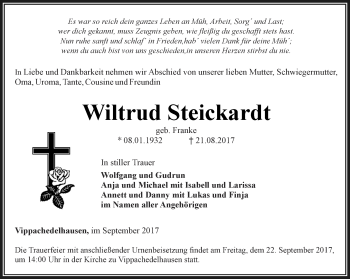 Traueranzeige von Wiltrud Steickardt von Thüringer Allgemeine, Thüringische Landeszeitung