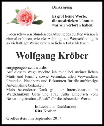 Traueranzeige von Wolfgang Kröber von Ostthüringer Zeitung