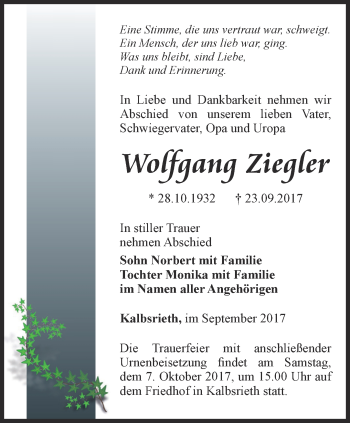 Traueranzeige von Wolfgang Ziegler von Thüringer Allgemeine
