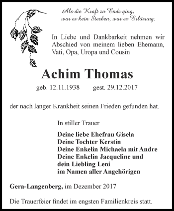 Traueranzeige von Achim Thomas von Ostthüringer Zeitung