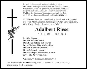 Traueranzeige von Adalbert Riese von Thüringer Allgemeine