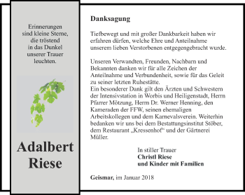 Traueranzeige von Adalbert Riese von Thüringer Allgemeine