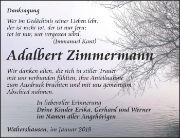 Traueranzeige von Adalbert Zimmermann von Ostthüringer Zeitung, Thüringische Landeszeitung