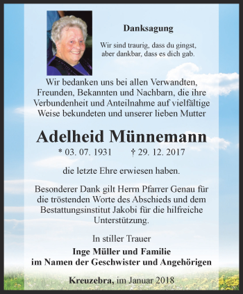 Traueranzeige von Adelheid Münnemann von Thüringer Allgemeine