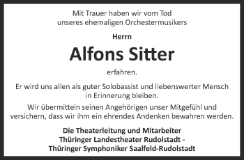 Traueranzeige von Alfons Sitter von Ostthüringer Zeitung