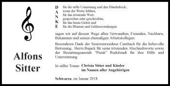 Traueranzeige von Alfons Sitter von Ostthüringer Zeitung