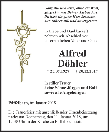 Traueranzeige von Alfred Döhler von Thüringer Allgemeine, Thüringische Landeszeitung