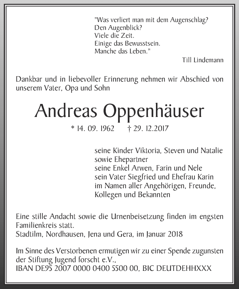  Traueranzeige für Andreas Oppenhäuser vom 13.01.2018 aus Thüringer Allgemeine