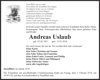 Traueranzeige von Andreas Uslaub von Thüringer Allgemeine