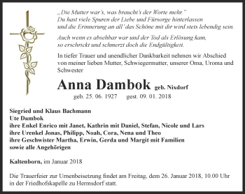 Traueranzeige von Anna Dambok von Ostthüringer Zeitung