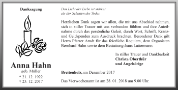 Traueranzeige von Anna Hahn von Thüringer Allgemeine