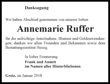 Traueranzeige von Annemarie Ruffer