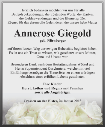 Traueranzeige von Annerose Giegold von Ostthüringer Zeitung