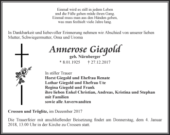 Traueranzeige von Annerose Giegold von Ostthüringer Zeitung