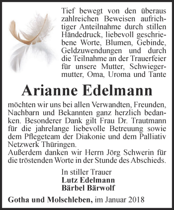 Traueranzeige von Arianne Edelmann von Ostthüringer Zeitung, Thüringische Landeszeitung