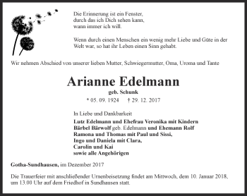 Traueranzeige von Arianne Edelmann von Ostthüringer Zeitung, Thüringische Landeszeitung