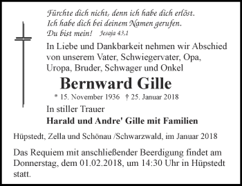 Traueranzeige von Bernward Gille von Thüringer Allgemeine, Thüringische Landeszeitung