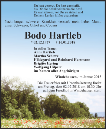 Traueranzeige von Bodo Hartleb von Thüringer Allgemeine