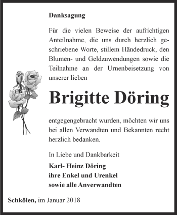 Traueranzeige von Brigitte Döring von Ostthüringer Zeitung