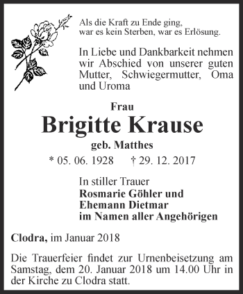 Traueranzeige von Brigitte Krause von Ostthüringer Zeitung