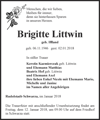 Traueranzeige von Brigitte Littwin von Ostthüringer Zeitung