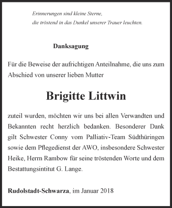 Traueranzeige von Brigitte Littwin von Ostthüringer Zeitung