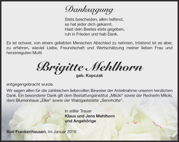 Traueranzeige von Brigitte Mehlhorn von Thüringer Allgemeine