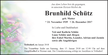 Traueranzeige von Brunhild Schütz von Thüringer Allgemeine, Thüringische Landeszeitung