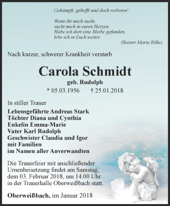 Traueranzeige von Carola Schmidt von Ostthüringer Zeitung