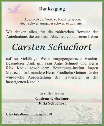 Traueranzeige von Carsten Schuchort von Thüringer Allgemeine, Thüringische Landeszeitung