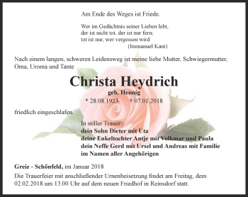 Traueranzeige von Christa Heydrich