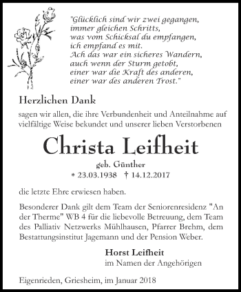 Traueranzeige von Christa Leifheit von Thüringer Allgemeine, Thüringische Landeszeitung