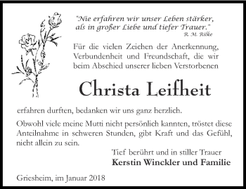 Traueranzeige von Christa Leifheit von Thüringer Allgemeine