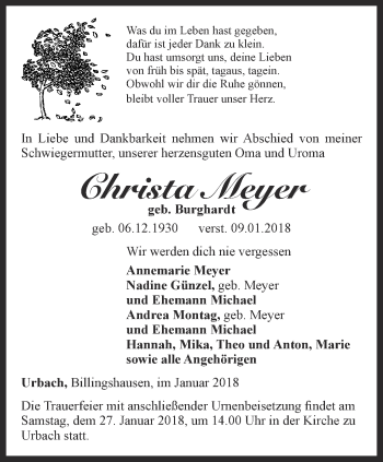 Traueranzeige von Christa Meyer von Thüringer Allgemeine, Thüringische Landeszeitung