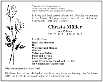 Traueranzeige von Christa Müller von Thüringer Allgemeine, Thüringische Landeszeitung