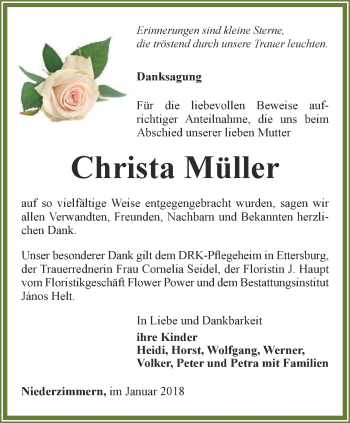 Traueranzeige von Christa Müller von Thüringer Allgemeine, Thüringische Landeszeitung