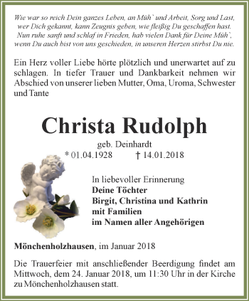 Traueranzeige von Christa Rudolph von Thüringer Allgemeine, Thüringische Landeszeitung