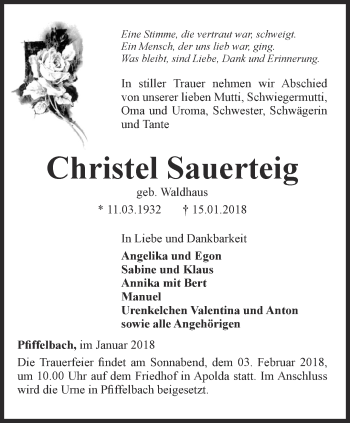 Traueranzeige von Christel Sauerteig von Thüringer Allgemeine, Thüringische Landeszeitung